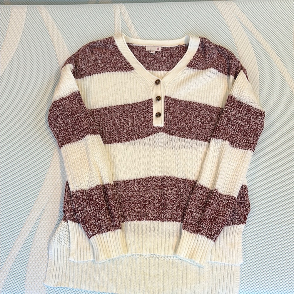Striped V-Neck Sweater - Cream and Brown